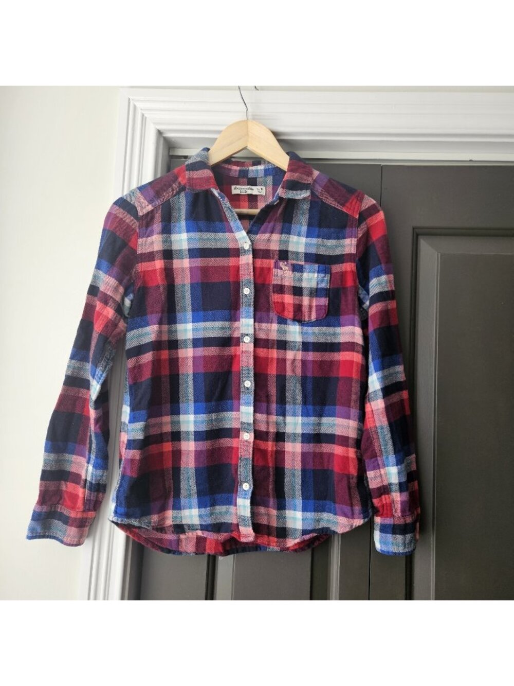 Abercrombie Kids Girls Plaid Button Shirt Pink Black Size 15/16 Flannel Logo LS